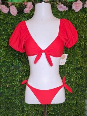 Gianni Bini Bright Red Puff-Sleeve Bikini Set
